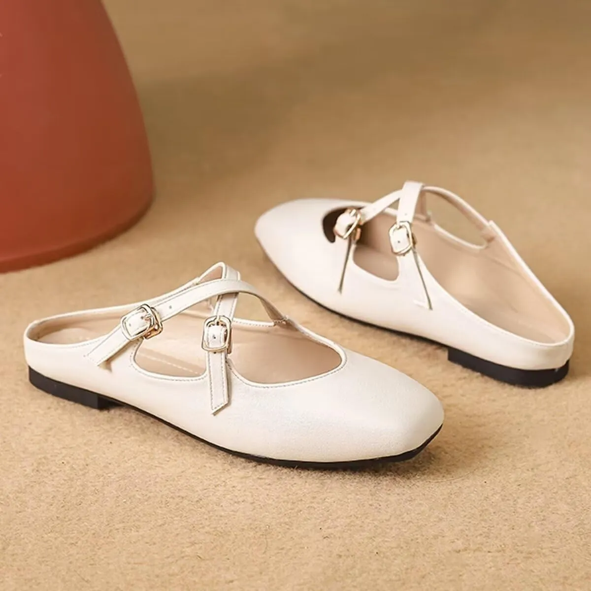 Women Mules Elegant Dressy Flats Closed Toe Microfiber Leather Shoes Adjustable Buckle Strap Mary Jane Casual Office Shoes