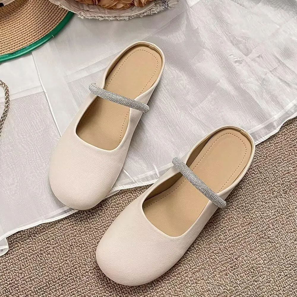 Women Mules Elegant Dressy Flats Closed Toe Microfiber Leather Shoes Adjustable Buckle Strap Mary Jane Casual Office Shoes