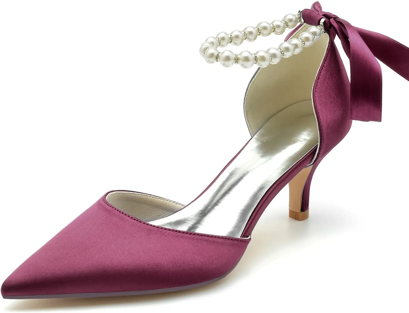 Women Pointed Toe Heels Pumps Wedding Bridal Shoes Satin Pearls Ribbon Tie Strap Adjustable Ankle Strap Sandals
