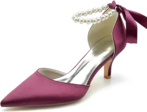 Women Pointed Toe Heels Pumps Wedding Bridal Shoes Satin Pearls Ribbon Tie Strap Adjustable Ankle Strap Sandals