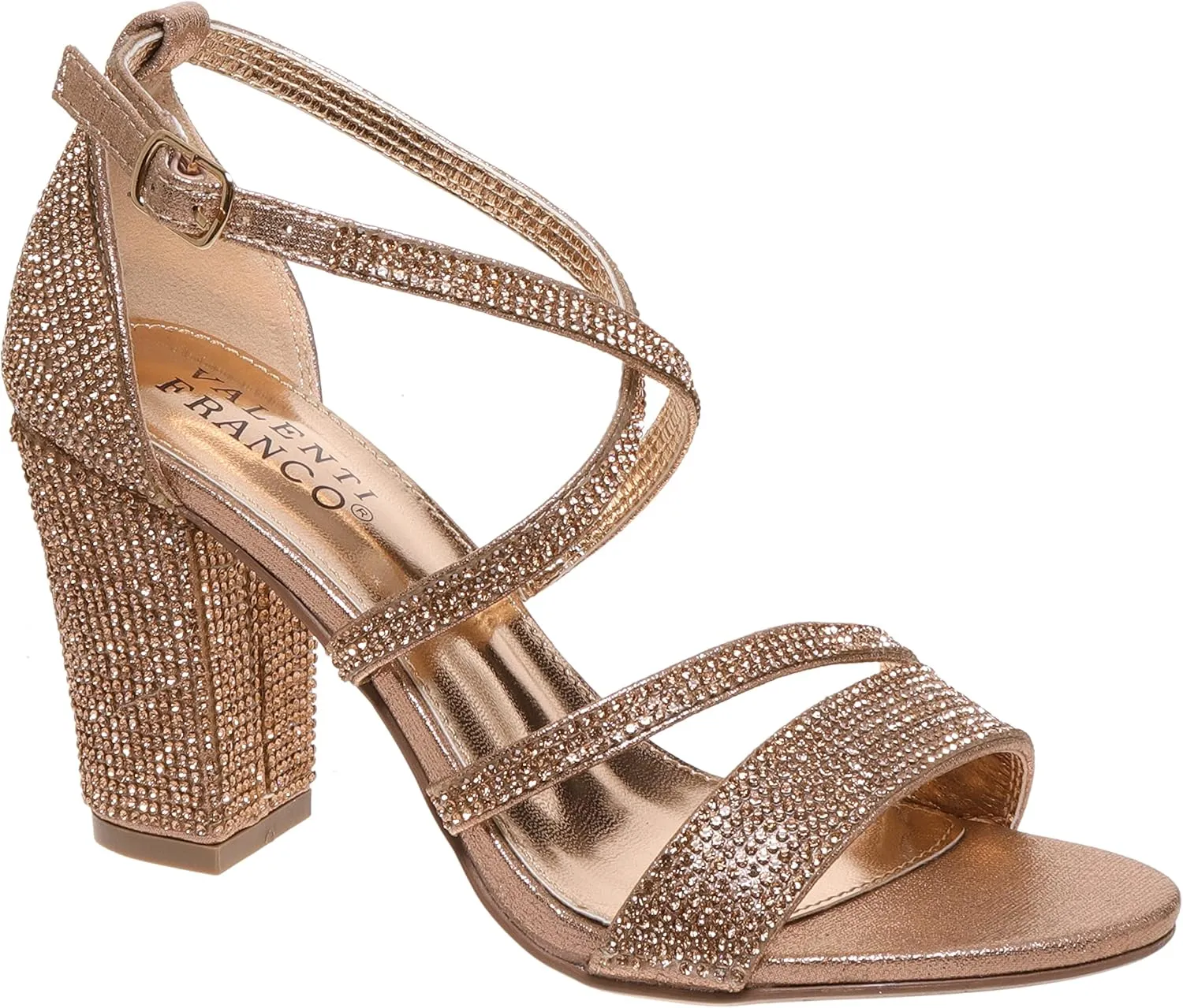 Women Rhinestone Ankle Strap Chunky Heel Sandals