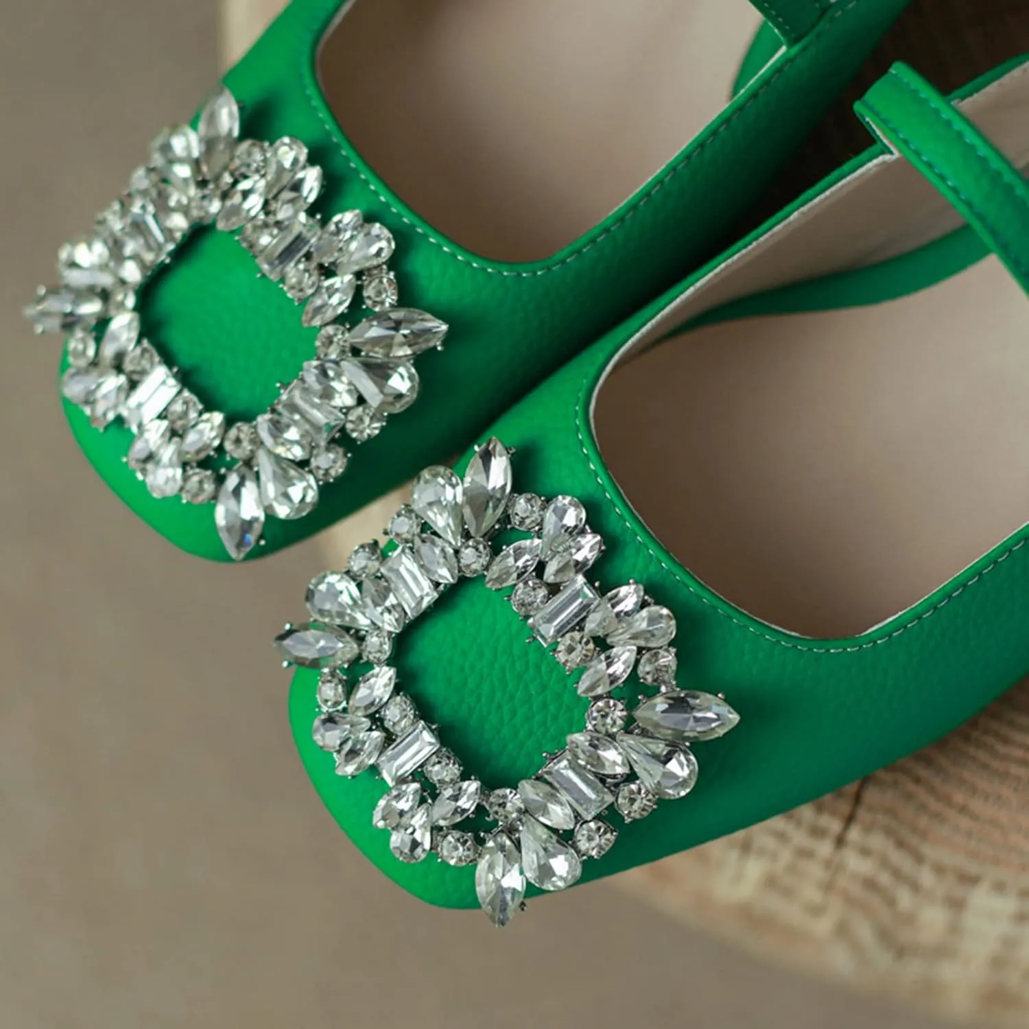 Women Rhinestone Buckle Mules Backless Slip on Closed Square Toe Flat Low Heel Slide Mary Janes Shoes