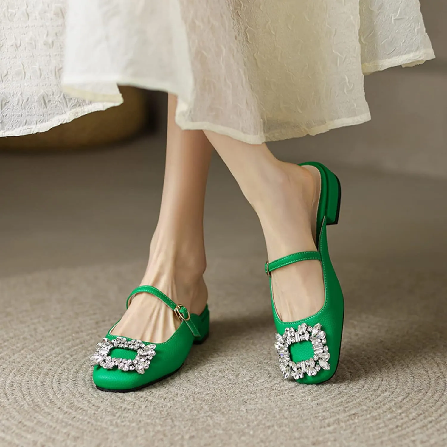 Women Rhinestone Buckle Mules Backless Slip on Closed Square Toe Flat Low Heel Slide Mary Janes Shoes