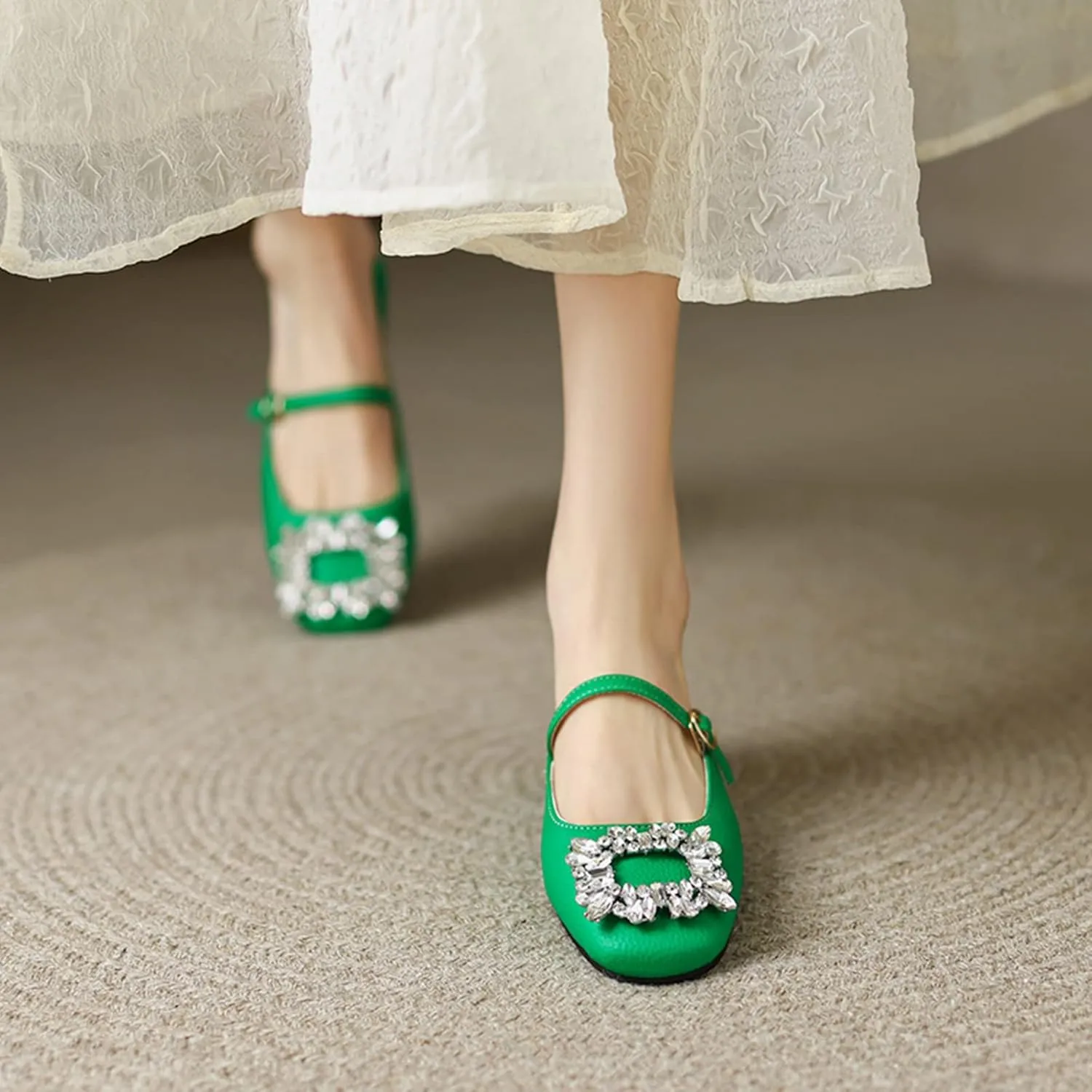 Women Rhinestone Buckle Mules Backless Slip on Closed Square Toe Flat Low Heel Slide Mary Janes Shoes