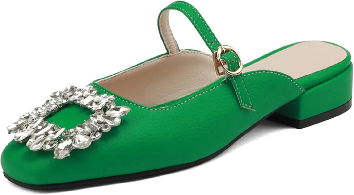 Women Rhinestone Buckle Mules Backless Slip on Closed Square Toe Flat Low Heel Slide Mary Janes Shoes