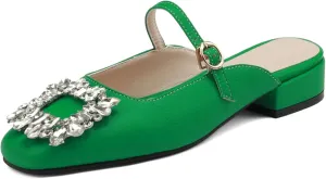 Women Rhinestone Buckle Mules Backless Slip on Closed Square Toe Flat Low Heel Slide Mary Janes Shoes