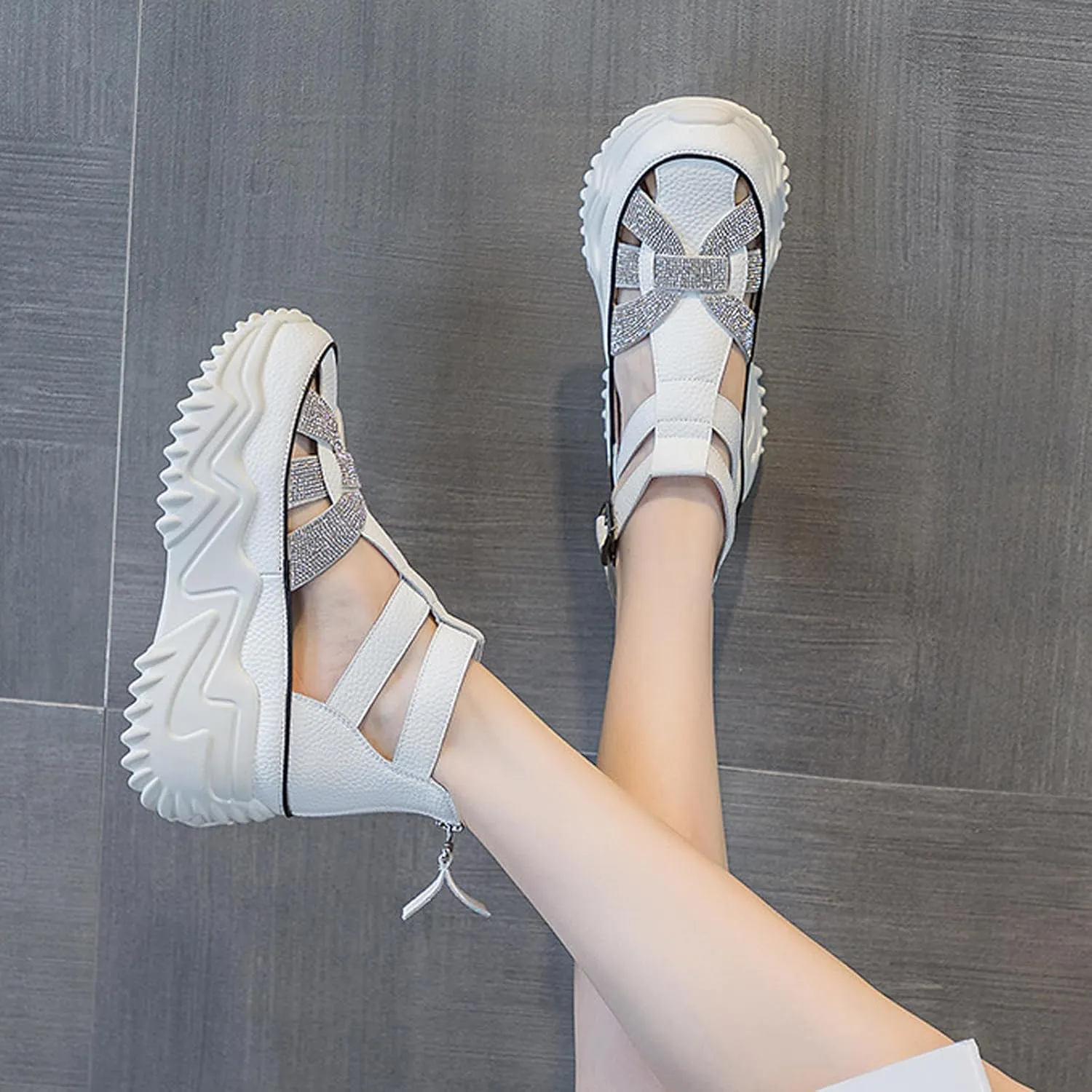 Women Rhinestone Thick-Soled Fashion Sneakers,Hollow Back Zipper Heightening Shoes Comfortable Adjustable Buckle Breathable Casual Platform Sneakers Sandals