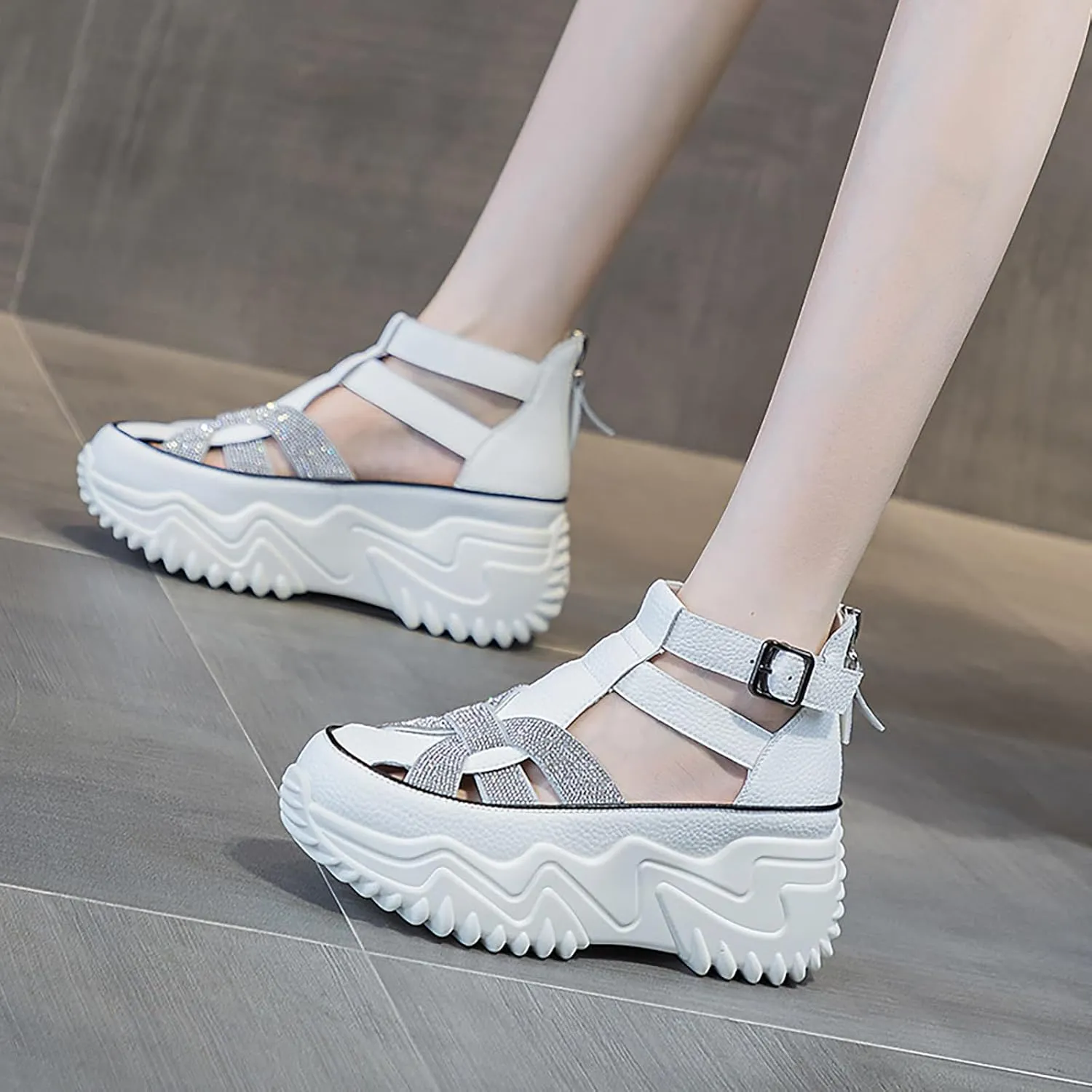 Women Rhinestone Thick-Soled Fashion Sneakers,Hollow Back Zipper Heightening Shoes Comfortable Adjustable Buckle Breathable Casual Platform Sneakers Sandals