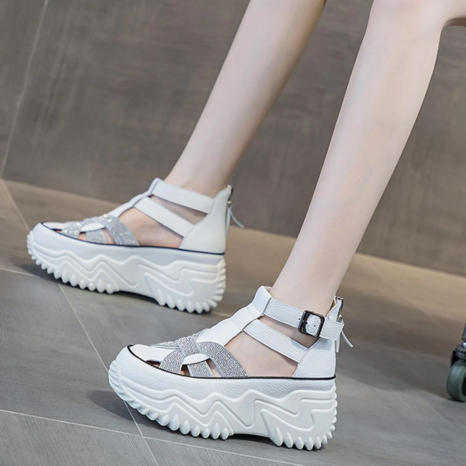 Women Rhinestone Thick-Soled Fashion Sneakers,Hollow Back Zipper Heightening Shoes Comfortable Adjustable Buckle Breathable Casual Platform Sneakers Sandals