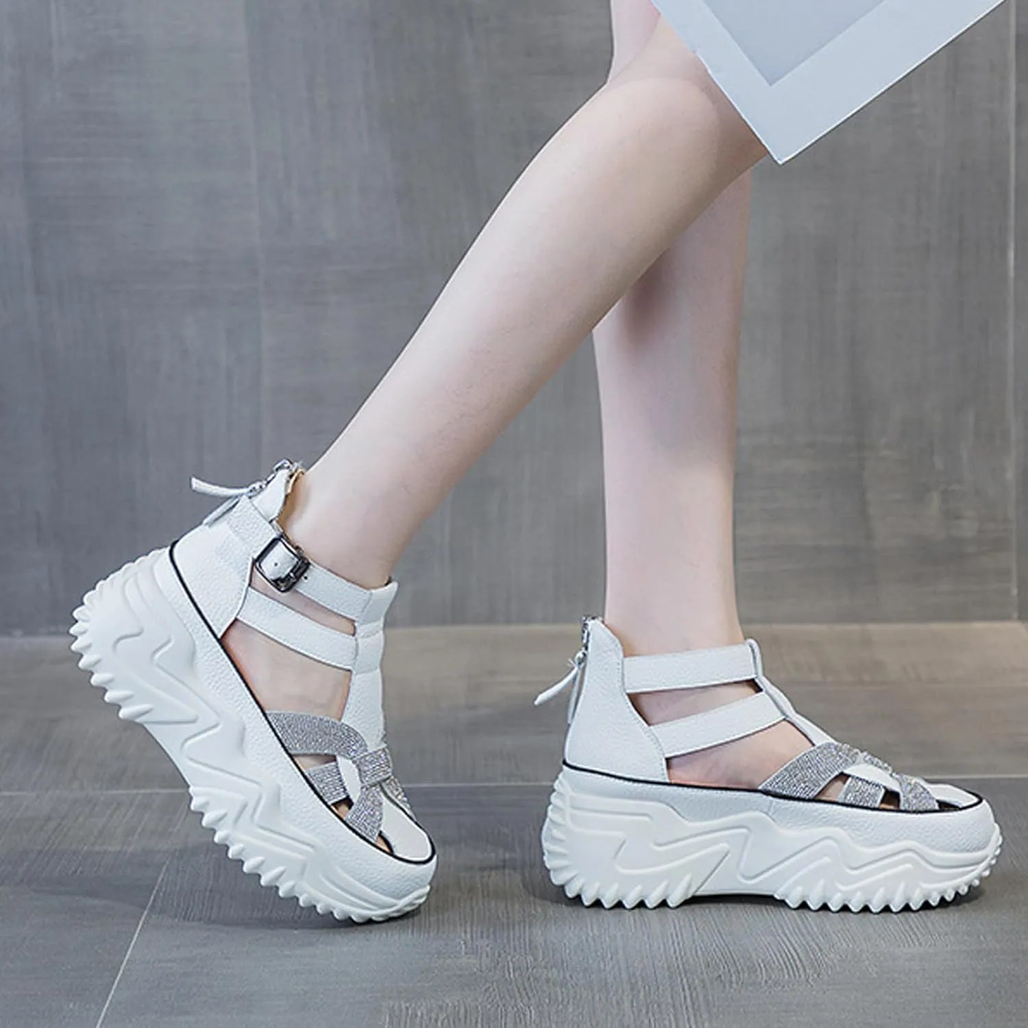 Women Rhinestone Thick-Soled Fashion Sneakers,Hollow Back Zipper Heightening Shoes Comfortable Adjustable Buckle Breathable Casual Platform Sneakers Sandals