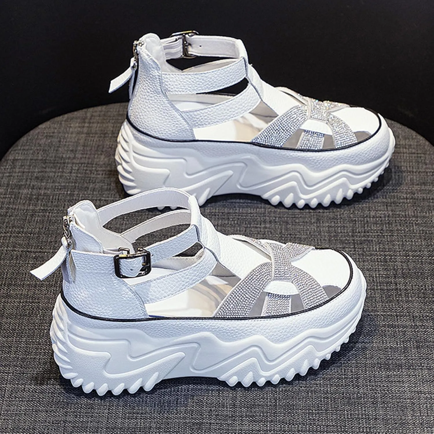 Women Rhinestone Thick-Soled Fashion Sneakers,Hollow Back Zipper Heightening Shoes Comfortable Adjustable Buckle Breathable Casual Platform Sneakers Sandals