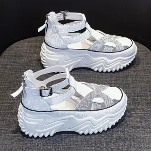 Women Rhinestone Thick-Soled Fashion Sneakers,Hollow Back Zipper Heightening Shoes Comfortable Adjustable Buckle Breathable Casual Platform Sneakers Sandals