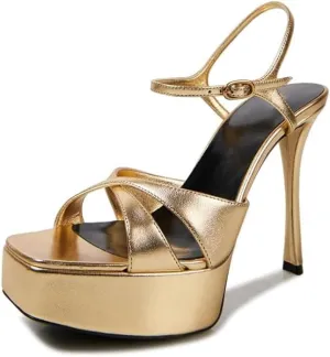 Women Satin Platform Sexy Sandals Ankle Strap Buckle Stiletto High Heels Summer Party Prom Shoes