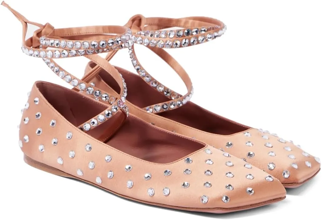Women's Ballet Flats Ankle Strap Ballerina Flats Rhinestone Lace Up Square Toe Gliter Loafers Dressy Casual Flats for Wedding Party