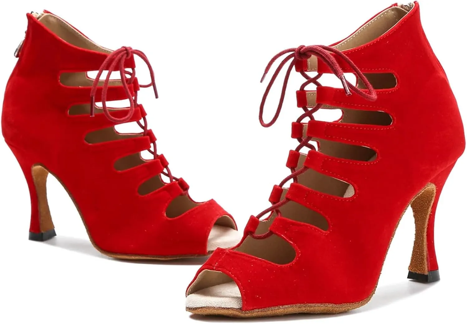 Women's Black Velvet Party Boots - Red Accented Satin Straps for Edgy Ballroom Nights (7.5CM/2.95")