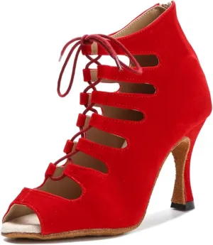 Women's Black Velvet Party Boots - Red Accented Satin Straps for Edgy Ballroom Nights (7.5CM/2.95")