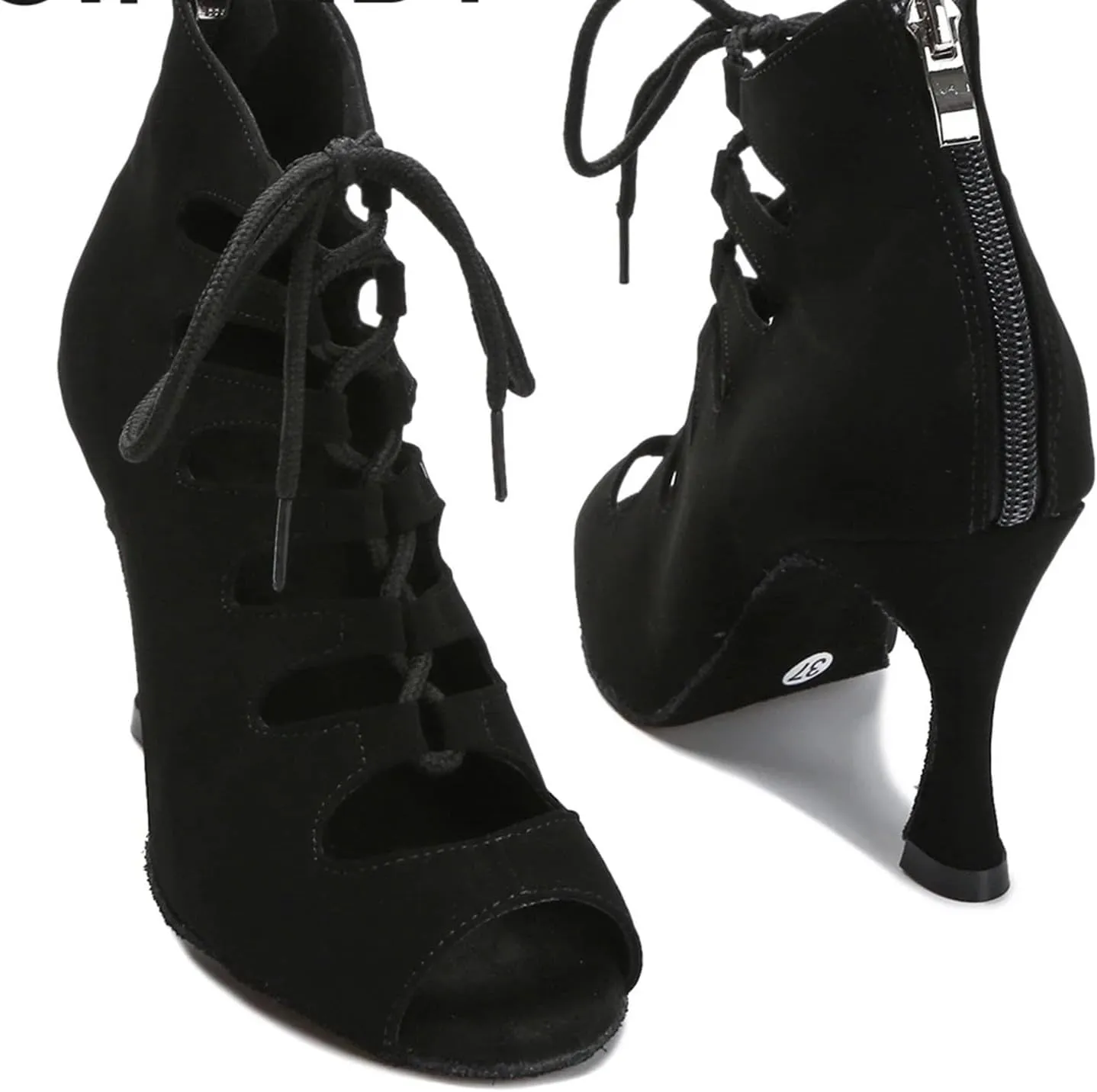 Women's Black Velvet Party Boots - Red Accented Satin Straps for Edgy Ballroom Nights (7.5CM/2.95")