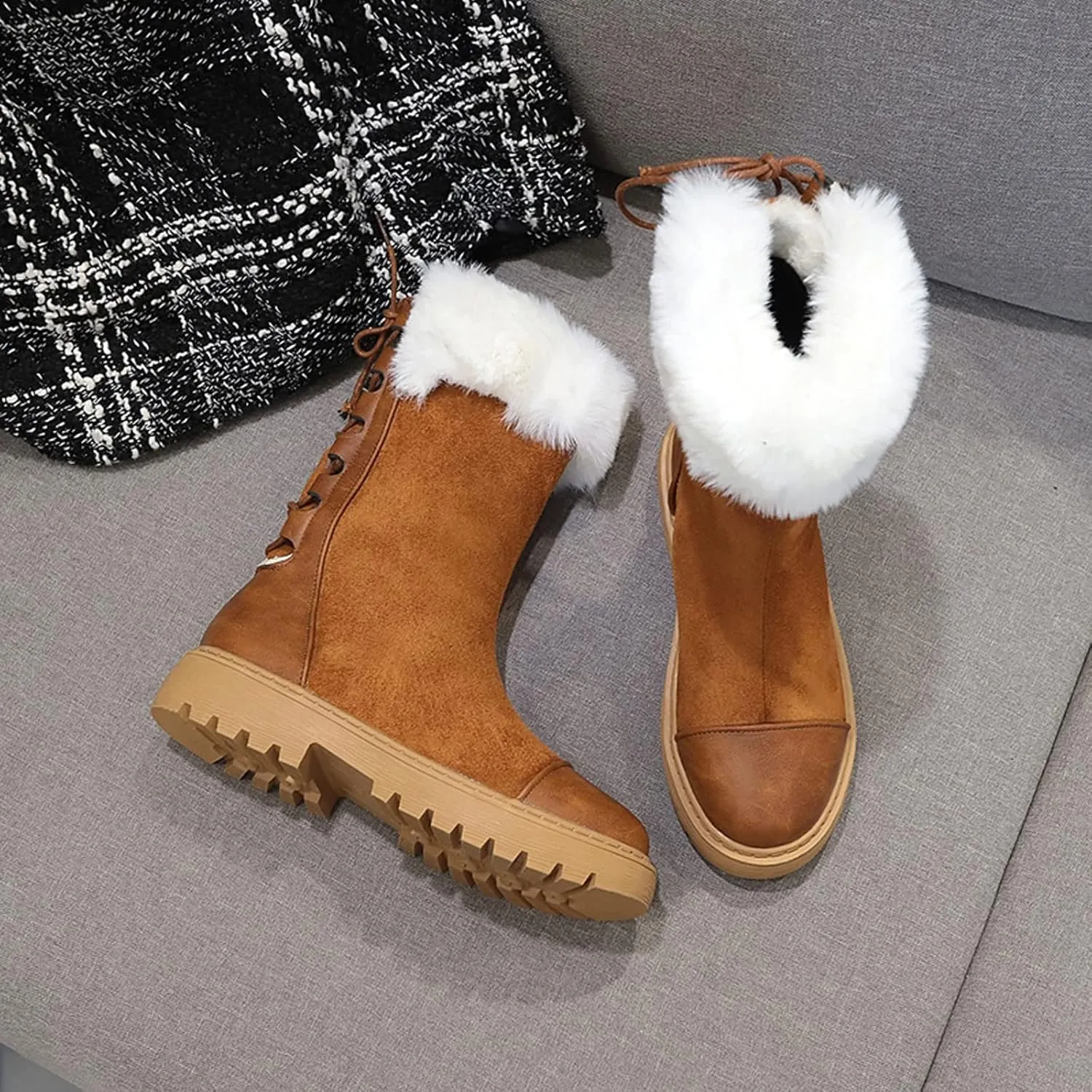 Womens Boots Chunky Fur Mid Heels Women Boots Shoes Winter Lace-up Boots Ankle Platform Snow Fashion Designer Ladies
