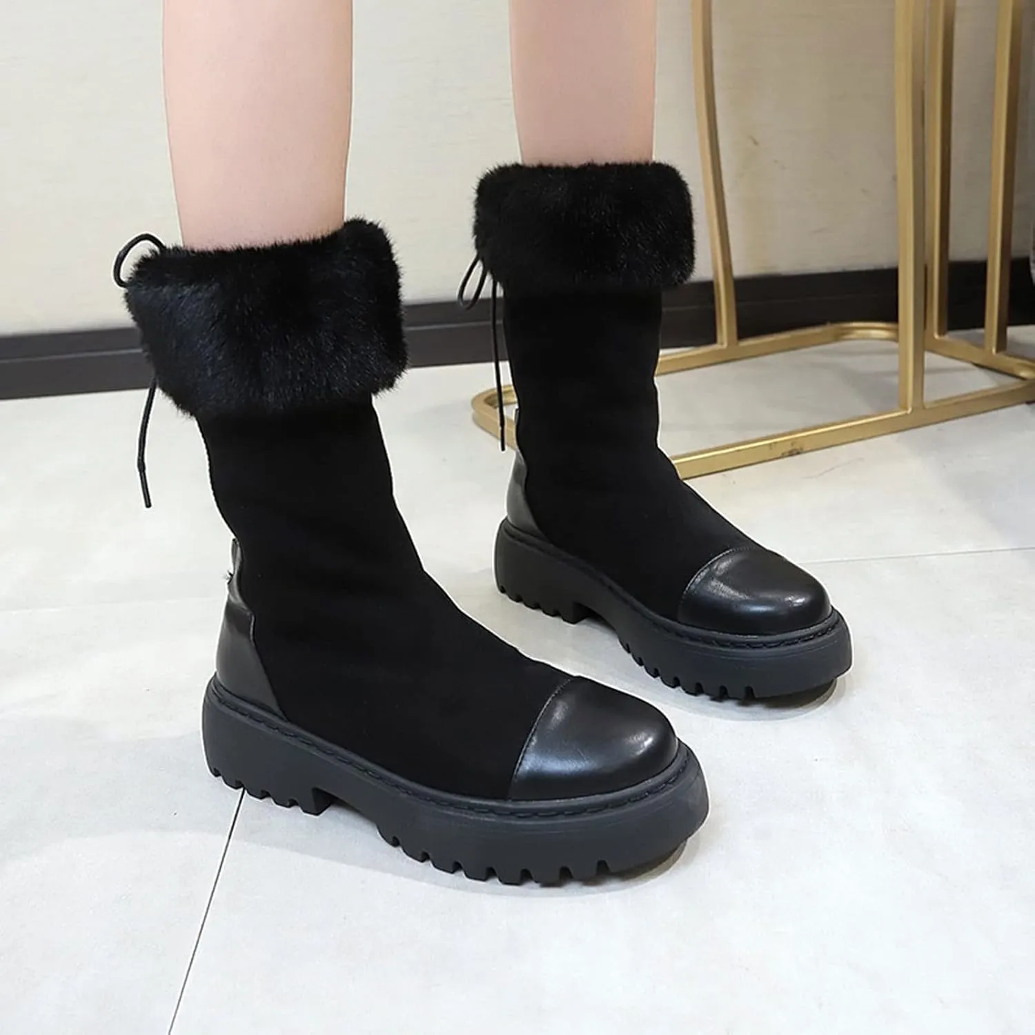 Womens Boots Chunky Fur Mid Heels Women Boots Shoes Winter Lace-up Boots Ankle Platform Snow Fashion Designer Ladies