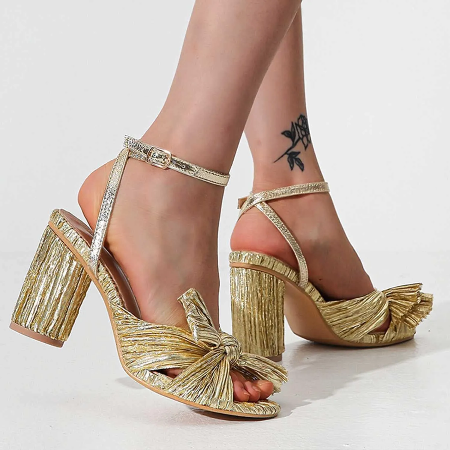 Women's Bow Knot Heeled Sandals Open Toe High Block Ankle Strap Chunky Heels Bride Sandals for Wedding Shoes