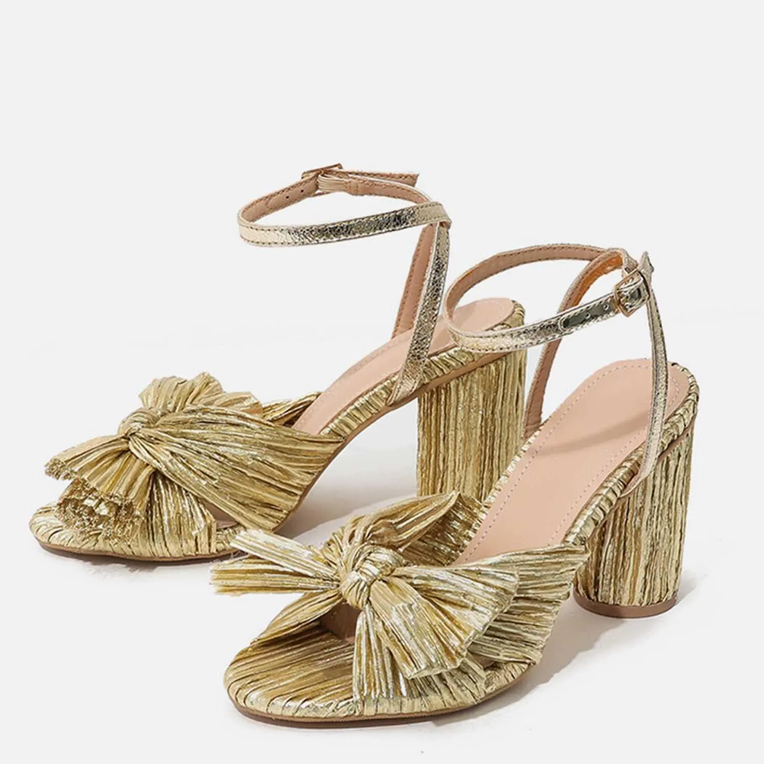 Women's Bow Knot Heeled Sandals Open Toe High Block Ankle Strap Chunky Heels Bride Sandals for Wedding Shoes