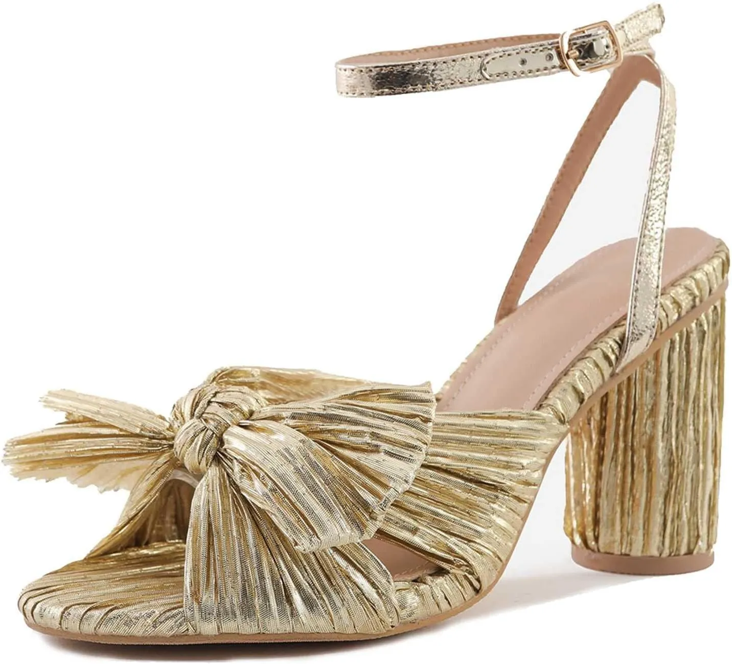 Women's Bow Knot Heeled Sandals Open Toe High Block Ankle Strap Chunky Heels Bride Sandals for Wedding Shoes