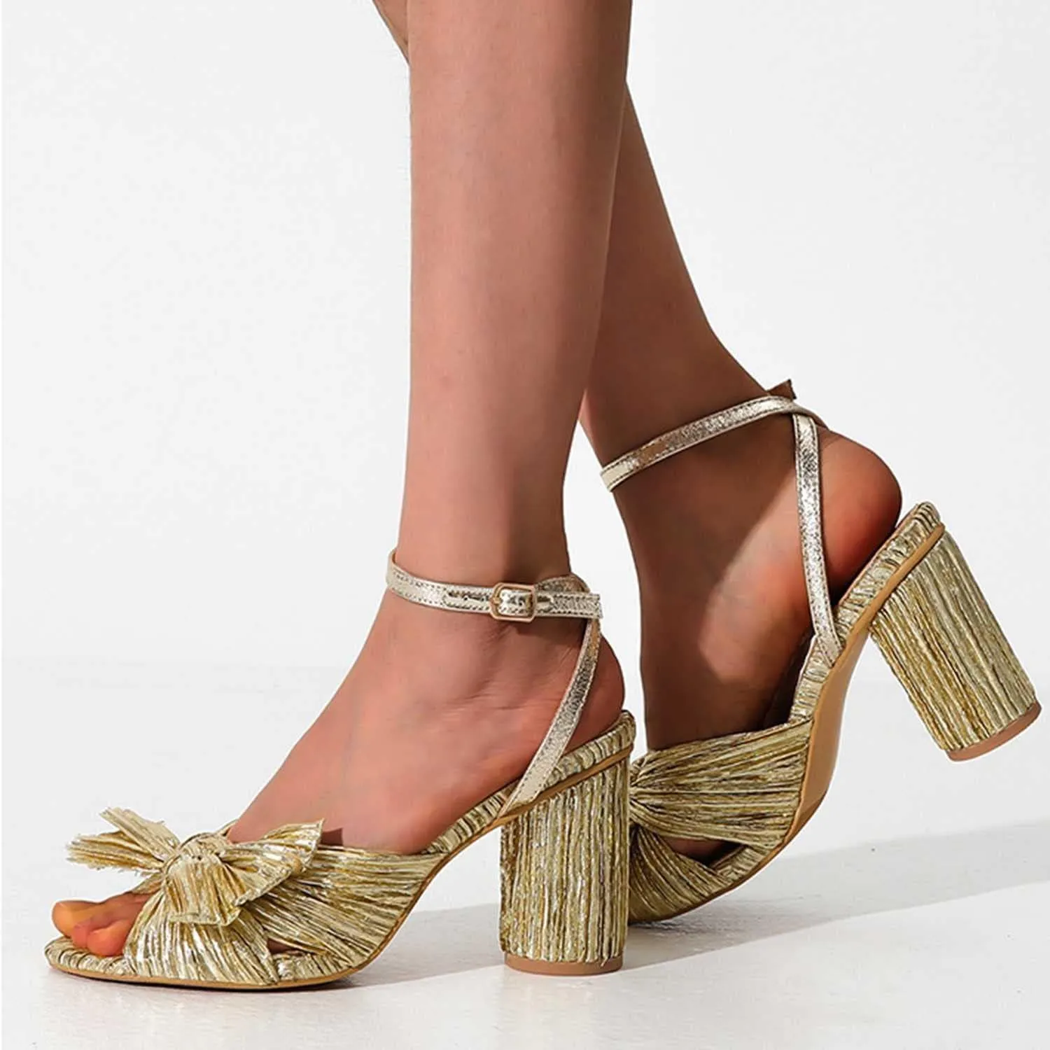 Women's Bow Knot Heeled Sandals Open Toe High Block Ankle Strap Chunky Heels Bride Sandals for Wedding Shoes