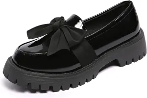 Women's Bow Platform Loafers - Spring Slip-On Chunky Heel Shoes for Business Casual, Office Work & Everyday Wear