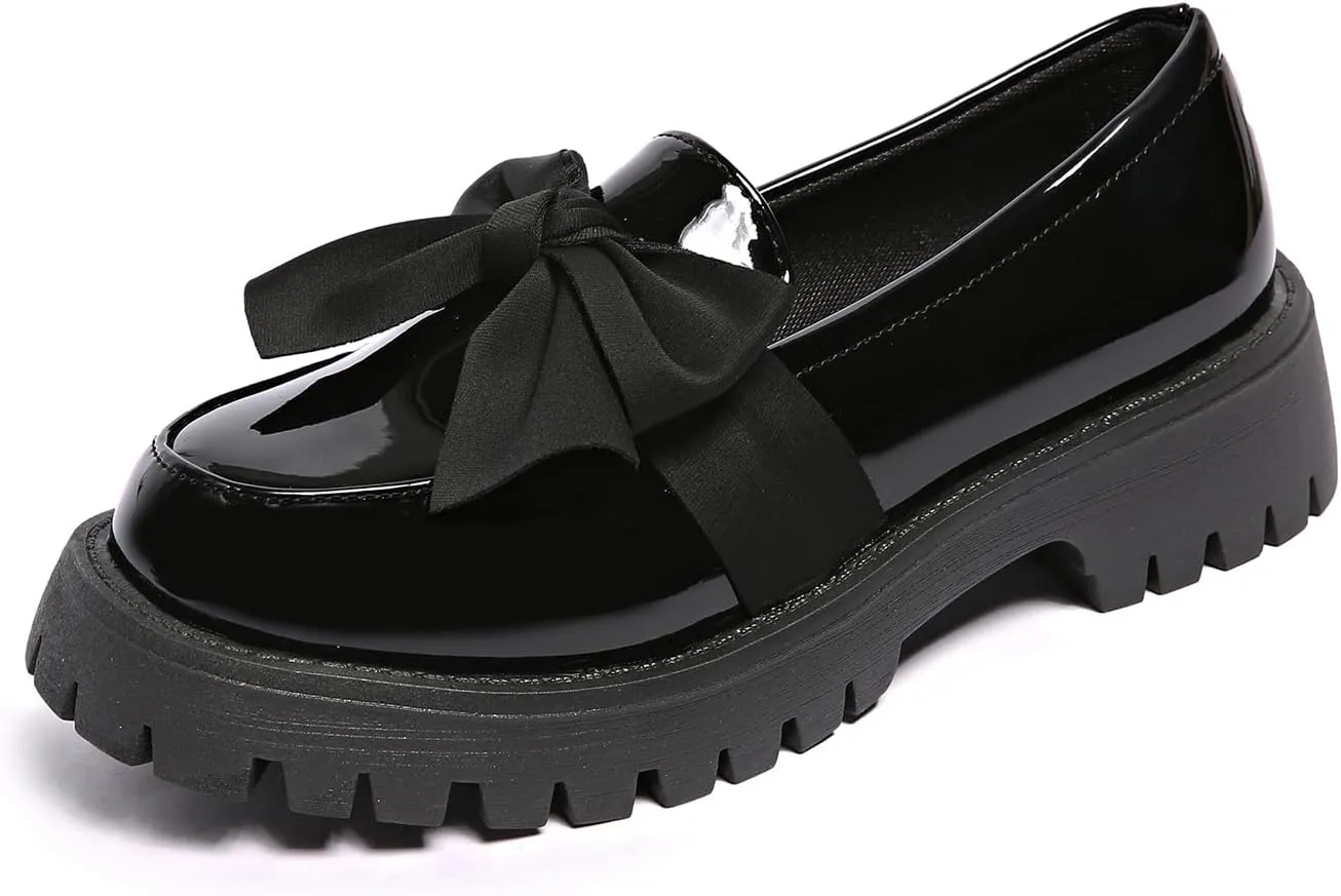 Women's Bow Platform Loafers - Spring Slip-On Chunky Heel Shoes for Business Casual, Office Work & Everyday Wear