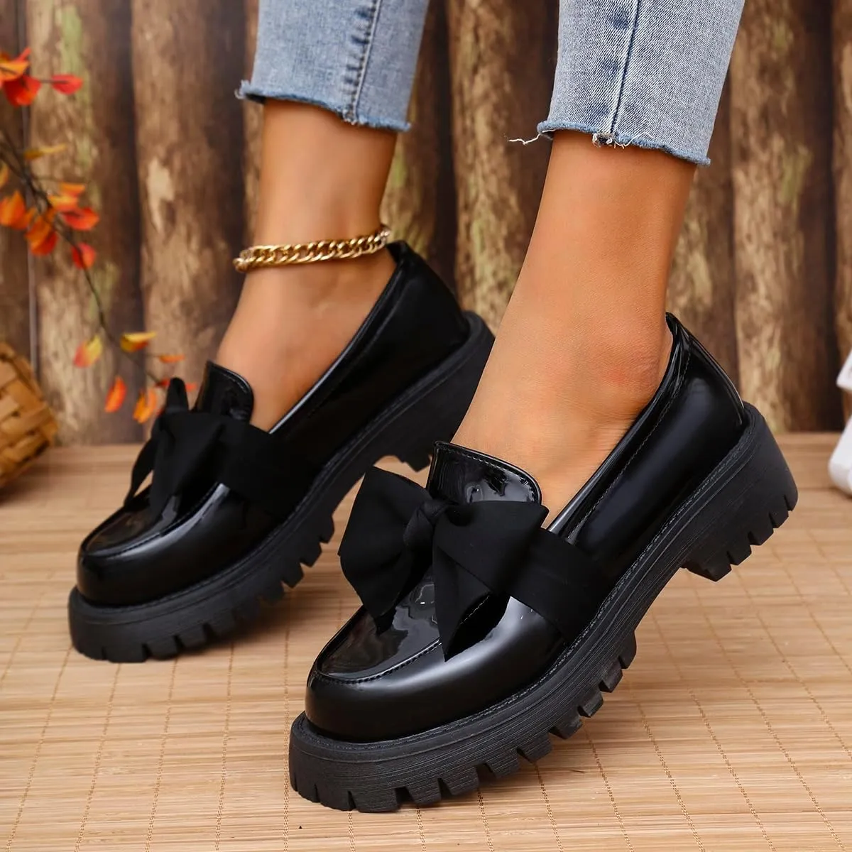 Women's Bow Platform Loafers - Spring Slip-On Chunky Heel Shoes for Business Casual, Office Work & Everyday Wear