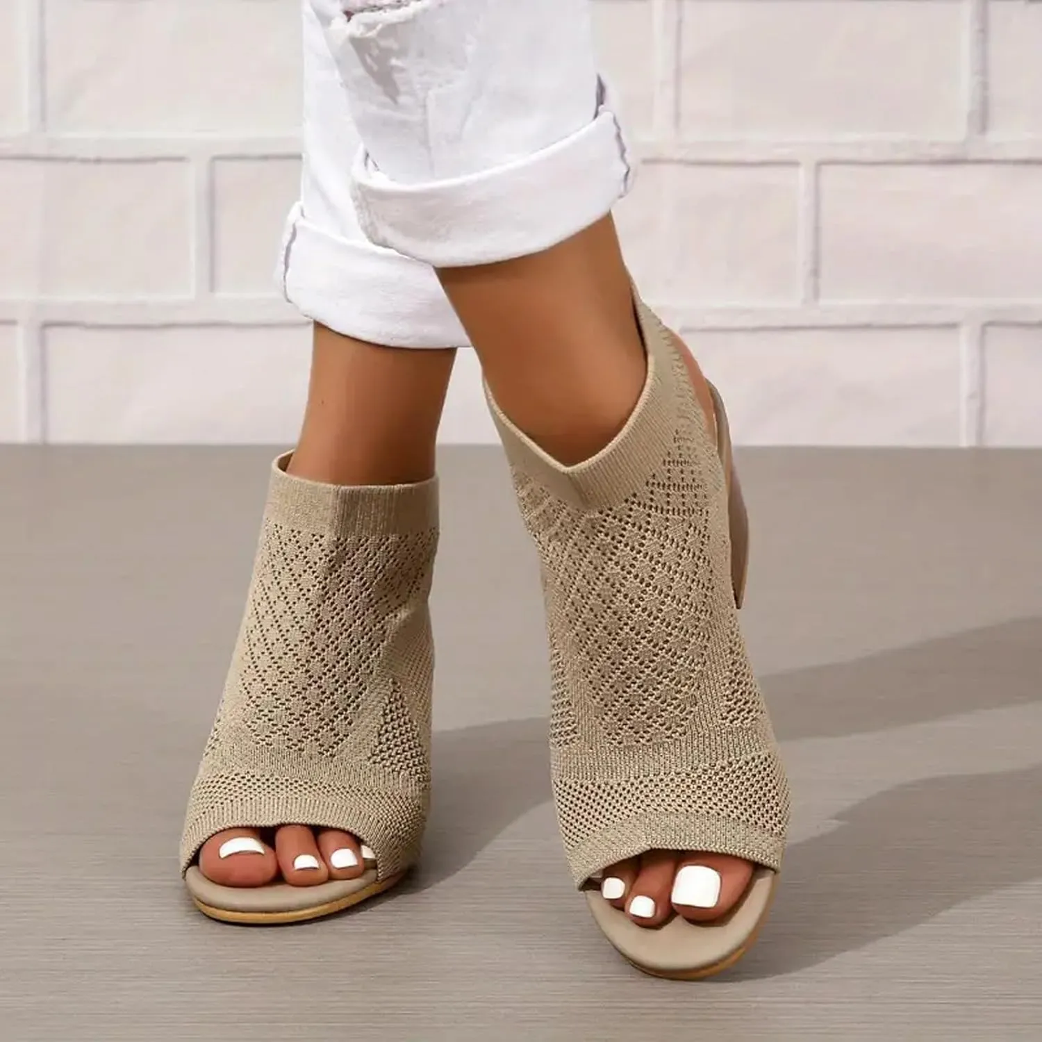 Women's Braided Fish Mouth Sandals Ribbed Knit High Elastic Shoes Heels Revealing Trendy Sandal Solid Wedge Shoe