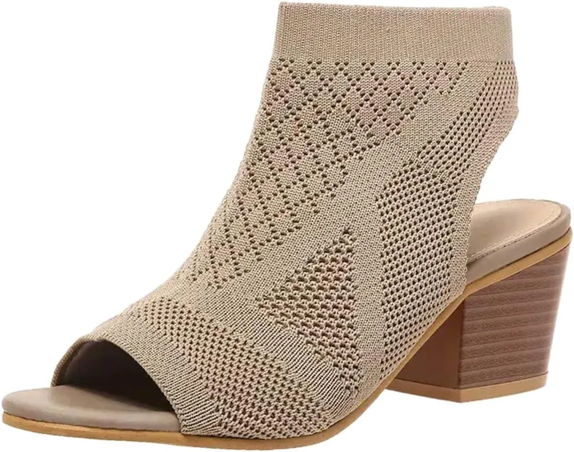 Women's Braided Fish Mouth Sandals Ribbed Knit High Elastic Shoes Heels Revealing Trendy Sandal Solid Wedge Shoe