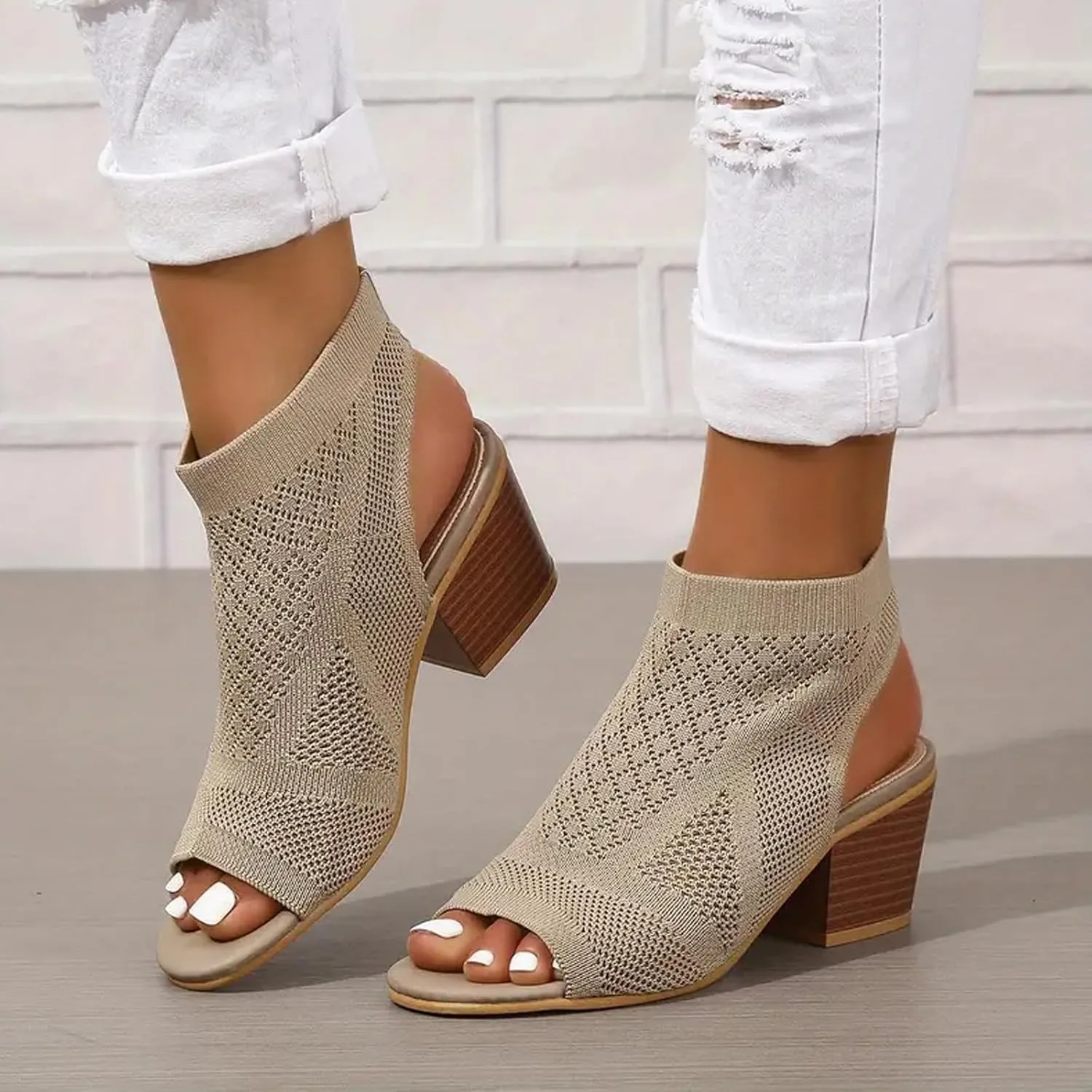 Women's Braided Fish Mouth Sandals Ribbed Knit High Elastic Shoes Heels Revealing Trendy Sandal Solid Wedge Shoe