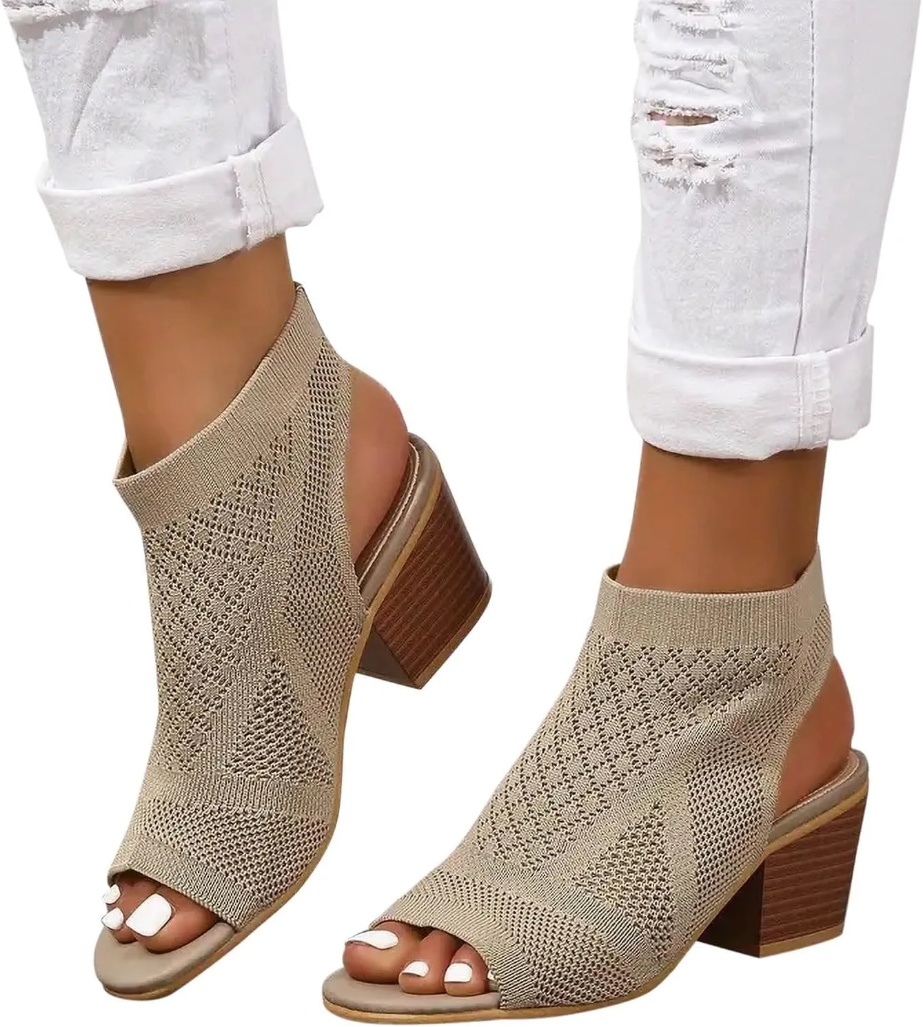 Women's Braided Fish Mouth Sandals Ribbed Knit High Elastic Shoes Heels Revealing Trendy Sandal Solid Wedge Shoe