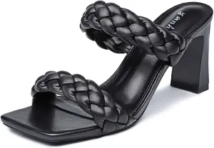 Women's Braided Heeled Sandals Fashion Square Toe Heels Block Chunky Heel Mules Slip On Dress Sexy Backless Summer High Heels Slipper