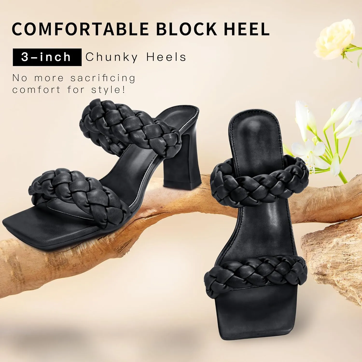 Women's Braided Heeled Sandals Fashion Square Toe Heels Block Chunky Heel Mules Slip On Dress Sexy Backless Summer High Heels Slipper