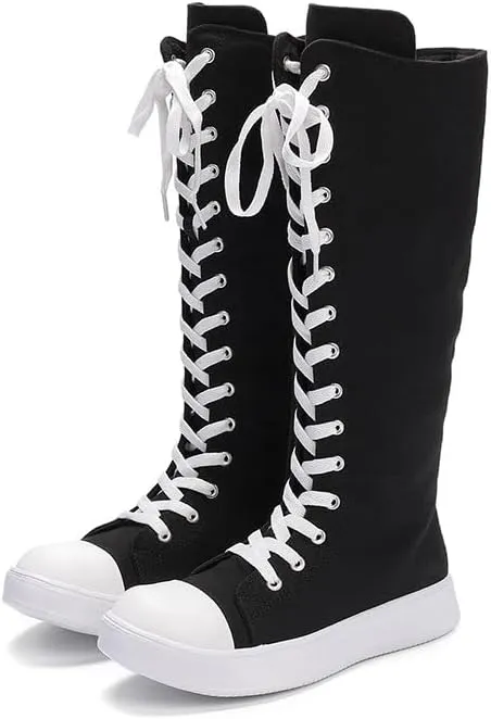 Women's Canvas Boots Knee High Platform Boots Women Lace Up Sneakers Boots Side Zip Canvas Shoes Dance Boots