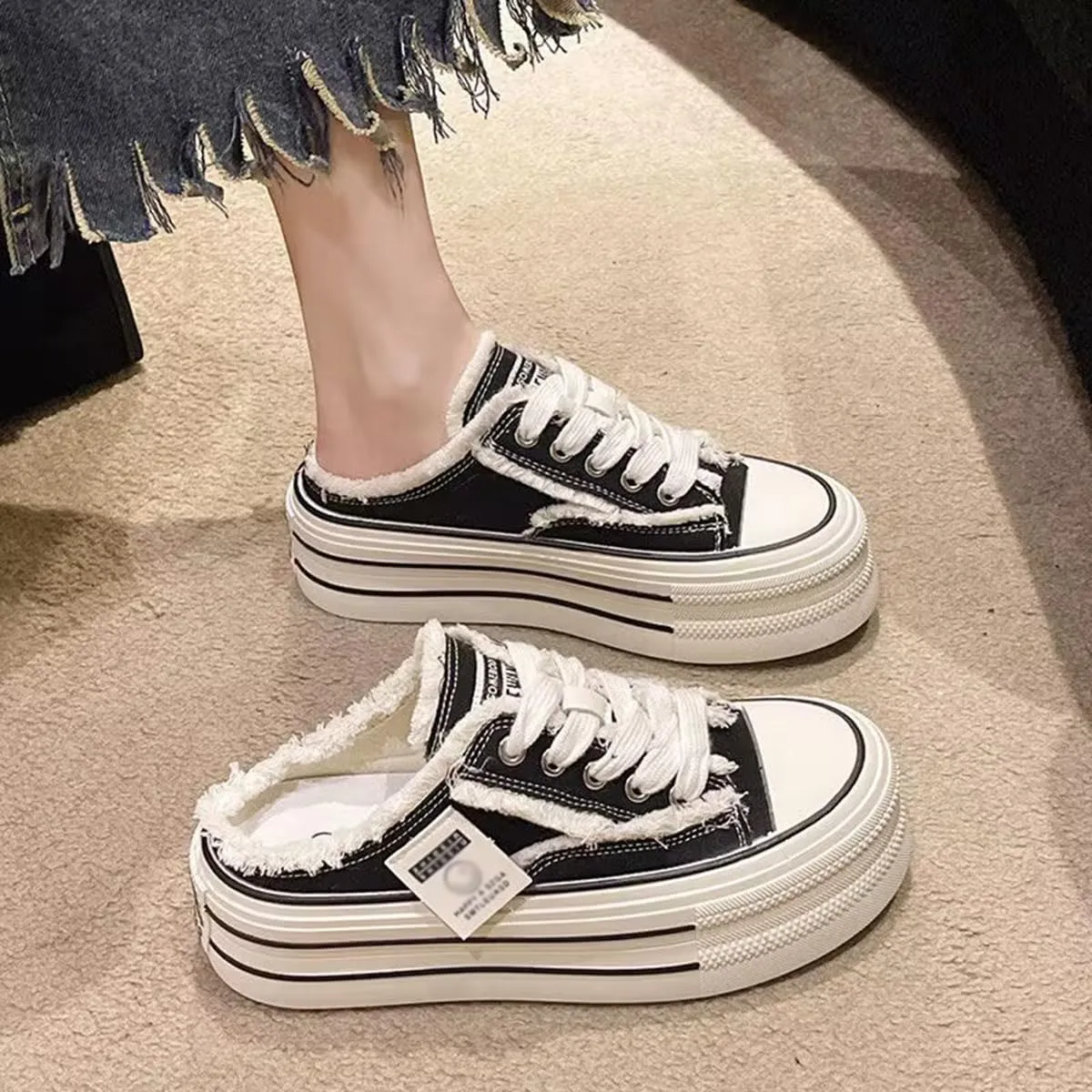 Women's Canvas Platform Mules Slip On Platform Sneakers for Women Comfortable Canvas Slip On Shoes Chunky Sneakers