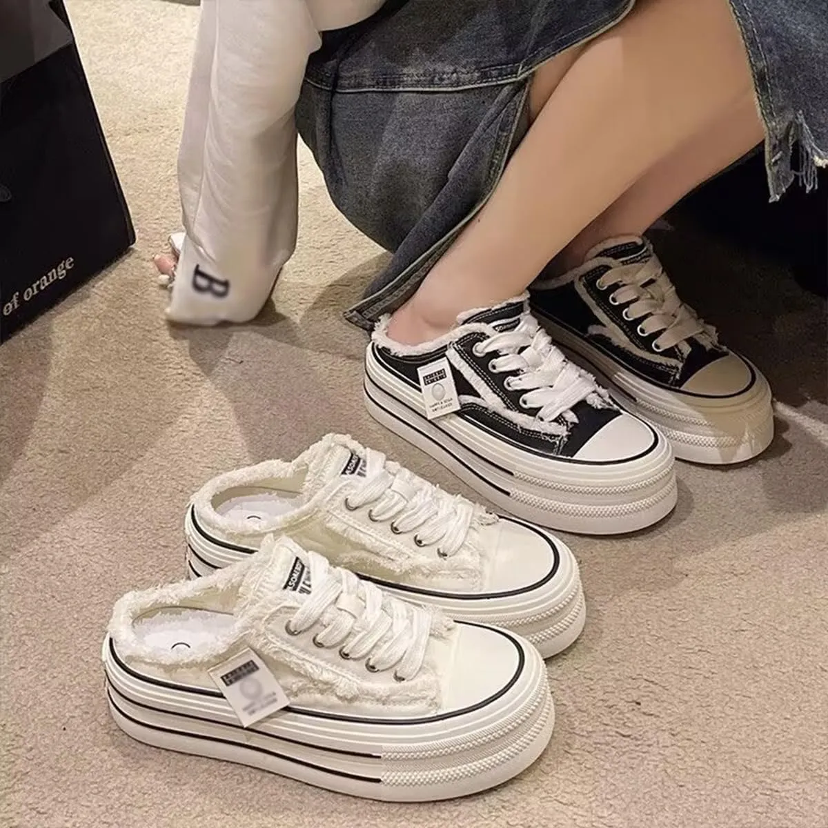 Women's Canvas Platform Mules Slip On Platform Sneakers for Women Comfortable Canvas Slip On Shoes Chunky Sneakers