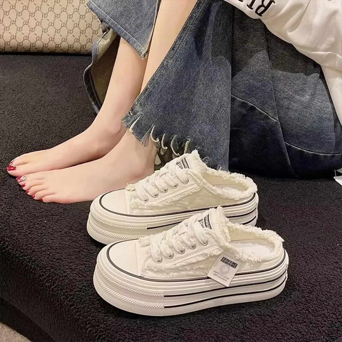 Women's Canvas Platform Mules Slip On Platform Sneakers for Women Comfortable Canvas Slip On Shoes Chunky Sneakers