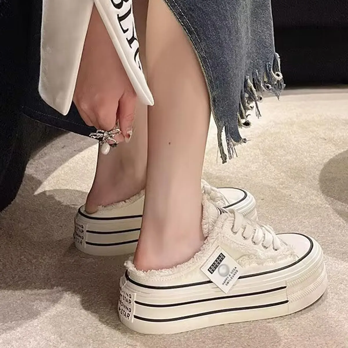 Women's Canvas Platform Mules Slip On Platform Sneakers for Women Comfortable Canvas Slip On Shoes Chunky Sneakers