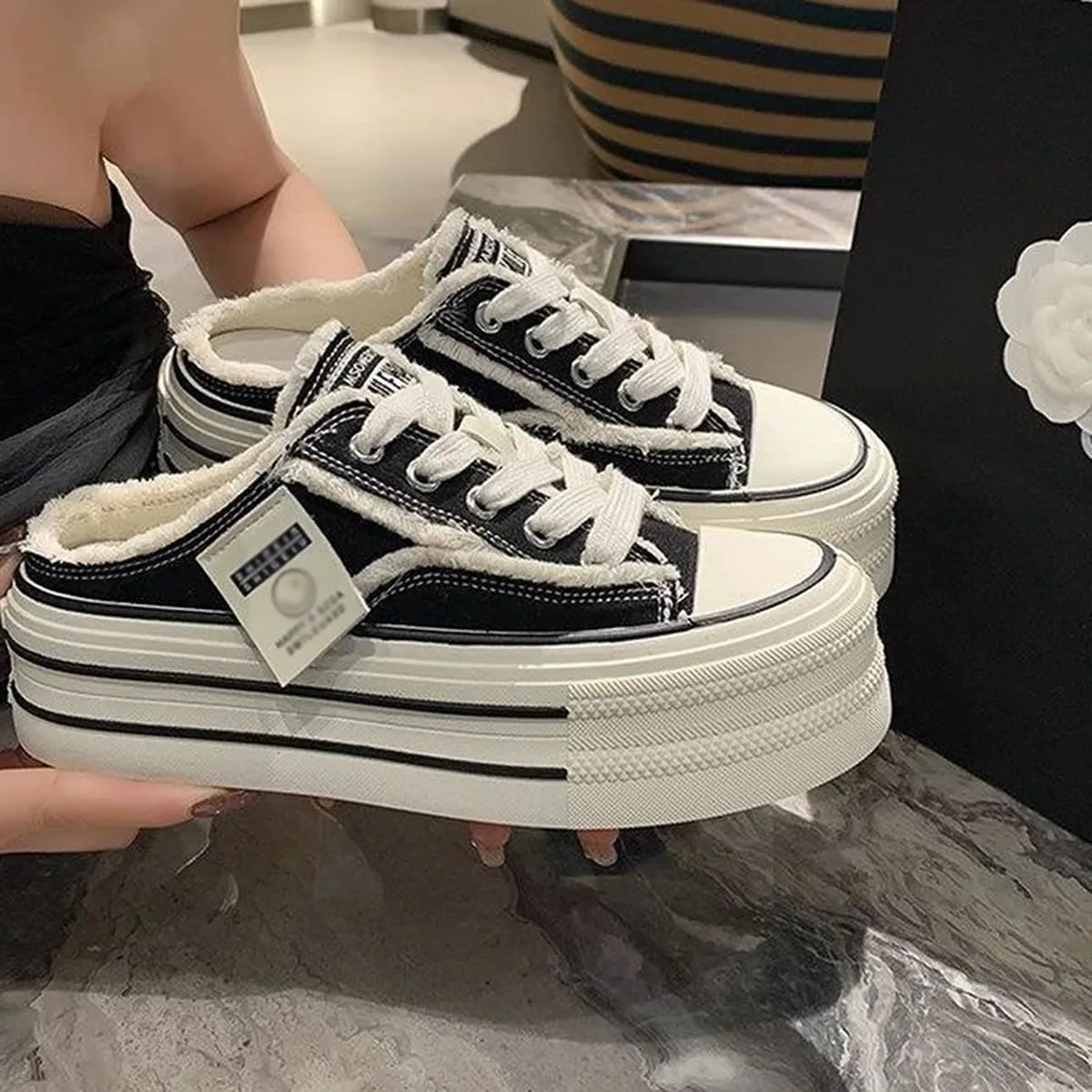 Women's Canvas Platform Mules Slip On Platform Sneakers for Women Comfortable Canvas Slip On Shoes Chunky Sneakers