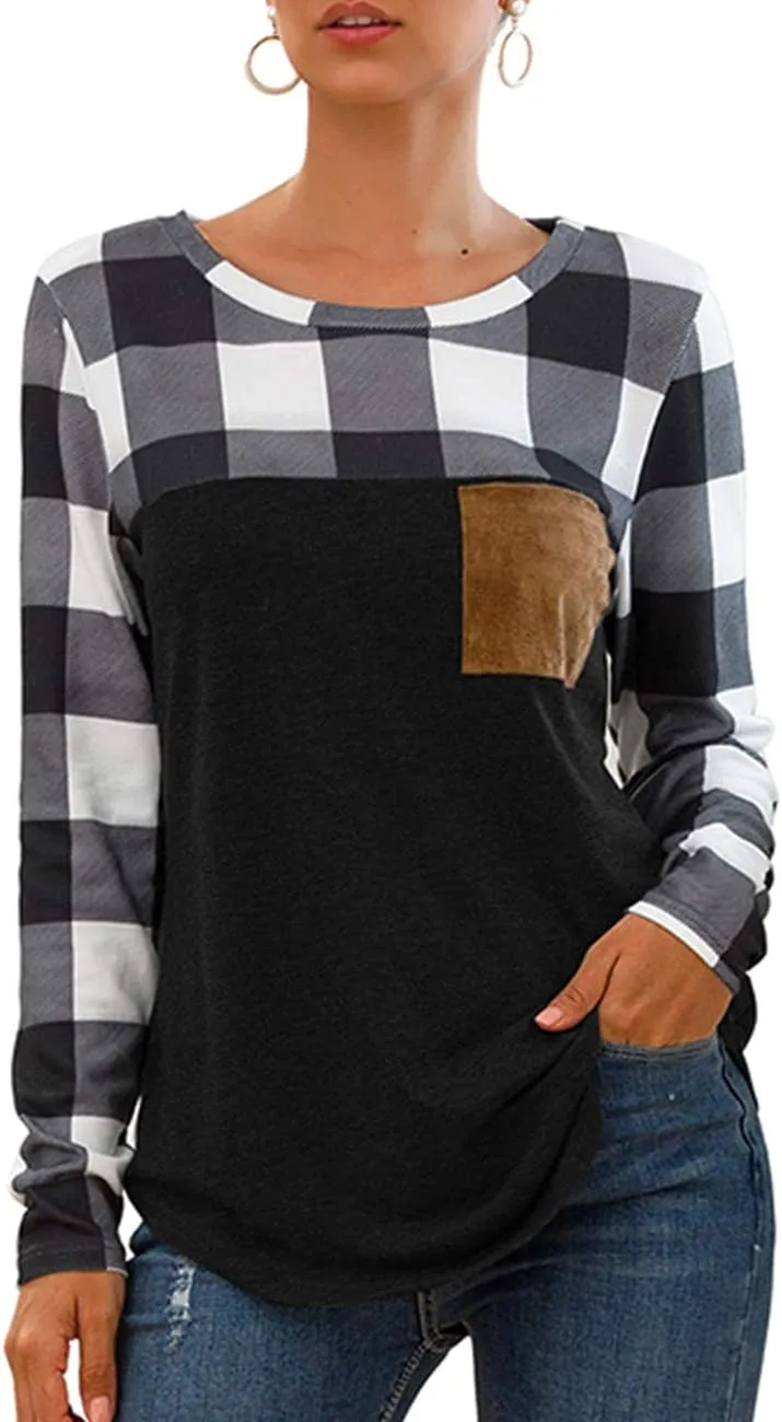 Women's Casual Color Block Long Sleeve Pullover Blouse with Front Pocket Lightweight T Shirt