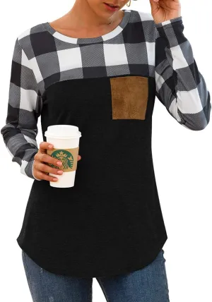 Women's Casual Color Block Long Sleeve Pullover Blouse with Front Pocket Lightweight T Shirt