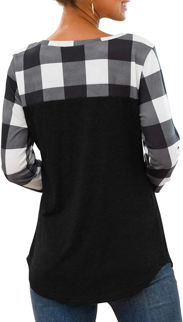 Women's Casual Color Block Long Sleeve Pullover Blouse with Front Pocket Lightweight T Shirt