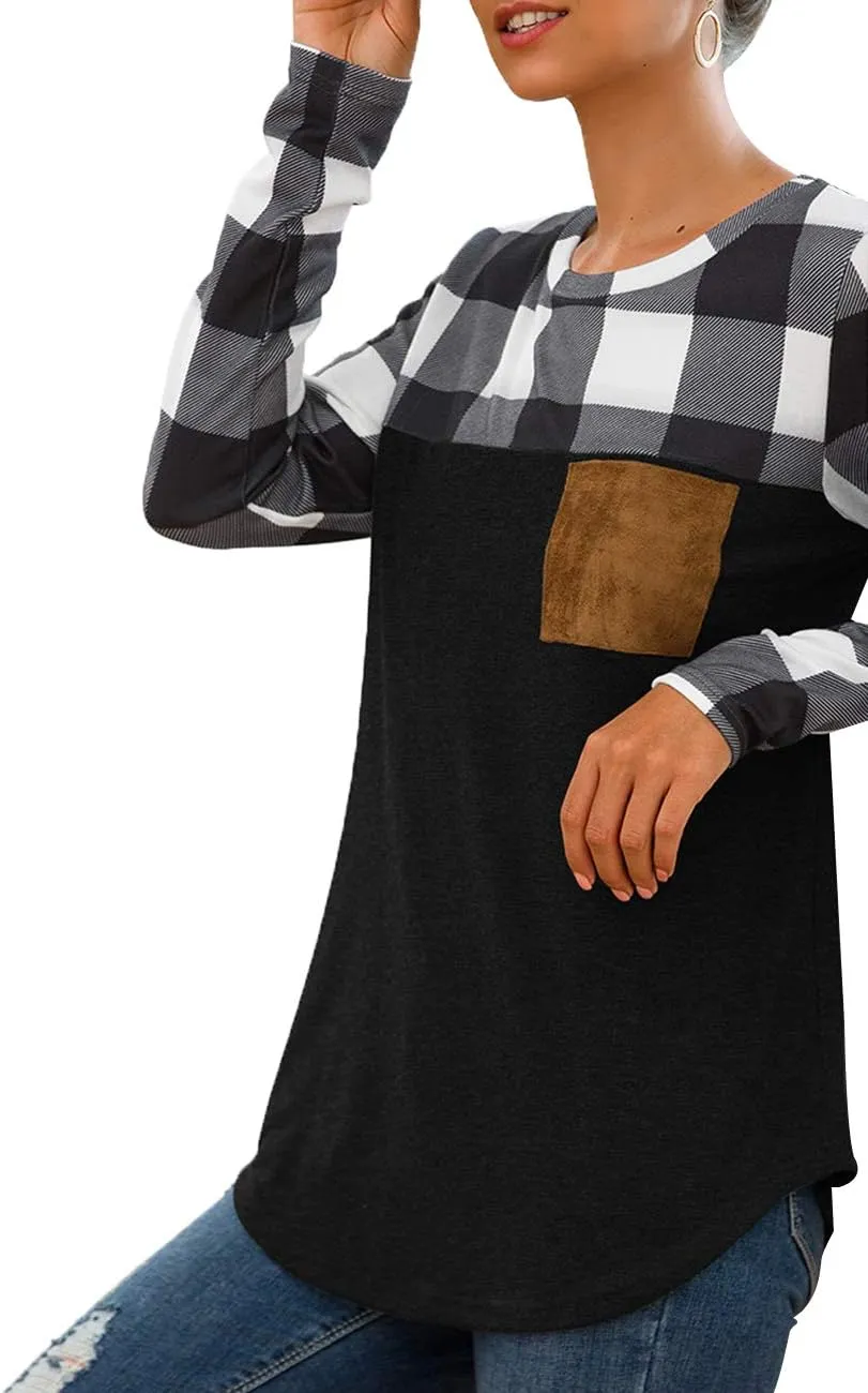 Women's Casual Color Block Long Sleeve Pullover Blouse with Front Pocket Lightweight T Shirt