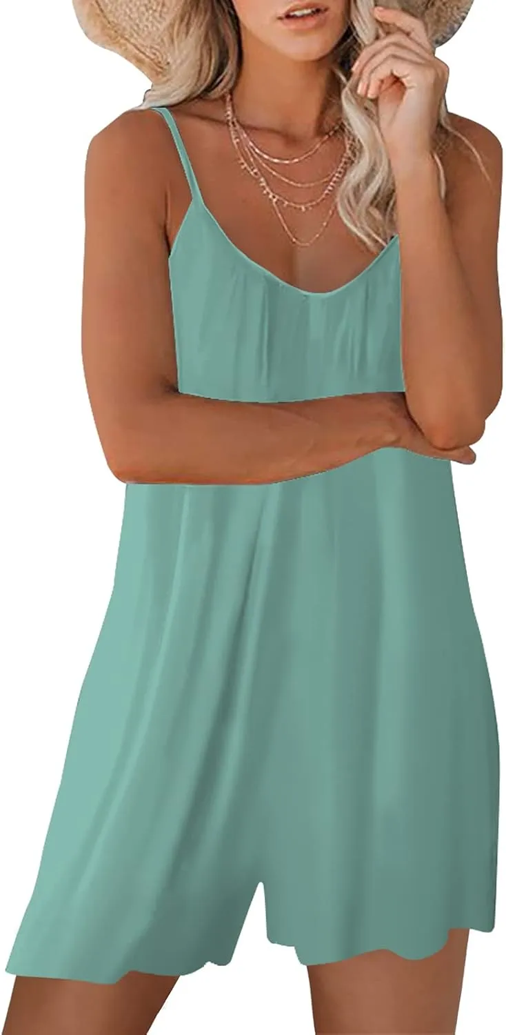Womens Casual Sleeveless Strap Loose Adjustable Jumpsuits Stretchy Shorts Romper with Pockets