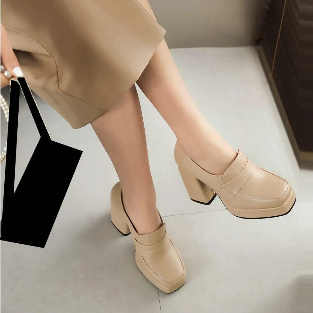 Womens Chunky Platform Loafers Block High Heel Square Toe Pumps