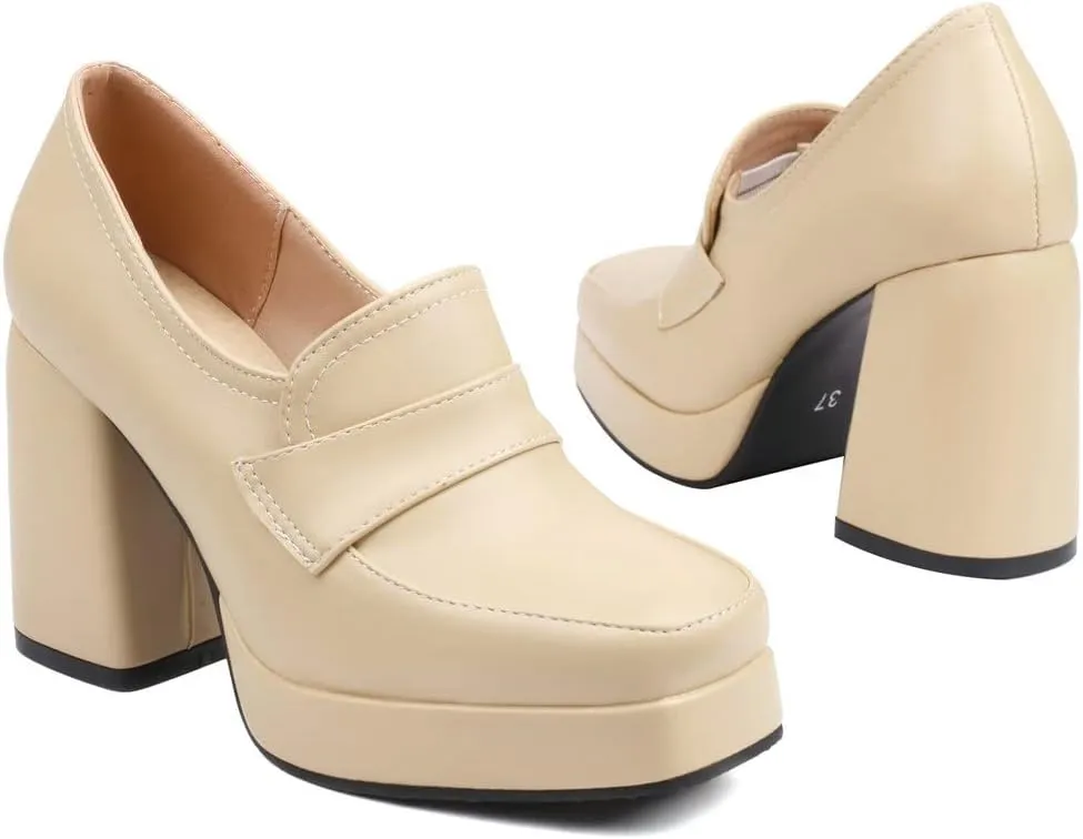 Womens Chunky Platform Loafers Block High Heel Square Toe Pumps