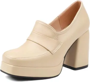 Womens Chunky Platform Loafers Block High Heel Square Toe Pumps